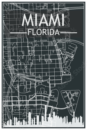 Dark printout city poster with panoramic skyline and streets network on dark gray background of the downtown MIAMI, FLORIDA