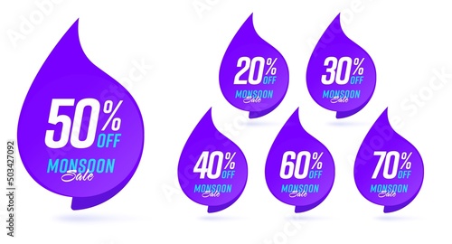 Sale sticker. Up to 50, 20, 30, 40, 60, 70 percent off badge set. Monsoon sale big price clearance advertisement vector illustration isolated on white background