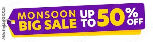 Monsoon big sale up to 50 percent off product tag design. Sale banner, promotion poster or discount sticker template for online shopping campaign vector illustration. Season or weekend sale