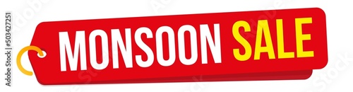 Monsoon sale red sticker tag design on white. Special offer, season big sale, discount promotion. Poster, banner, badge label or coupon business advertising template vector illustration