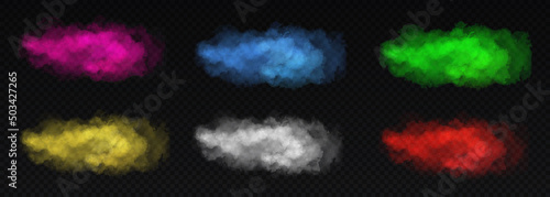 Realistic color smoke set. Collection of clouds for sky, graphic elements for games. Colorful parts of sprite, vivid vapor pack. Isometric vector illustrations isolated on transparent background