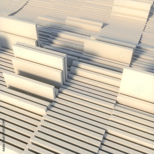 Wavy stacks of white rectangular shapes. Modern pattern  geometric background. 3d rendering digital illustration