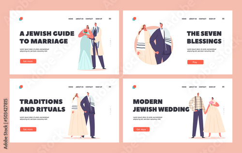 Jew Marriage Party Landing Page Template Set. Jewish Couples Wedding Ceremony, Contemporary Groom and Bride Characters
