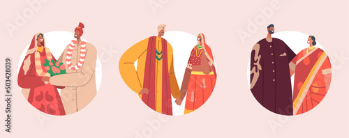 Set of Round Icons Traditional Indian Couples Celebrate Wedding Ceremony. Happy Groom and Bride Characters Marriage