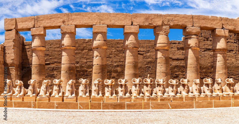 The row of ram-headed sphinxes inside the Great Court, Karnak Temple, Luxor, Egypt