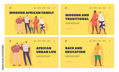 Modern African Family Landing Page Template Set. Characters Parents, Grandparents and Children Stand Together