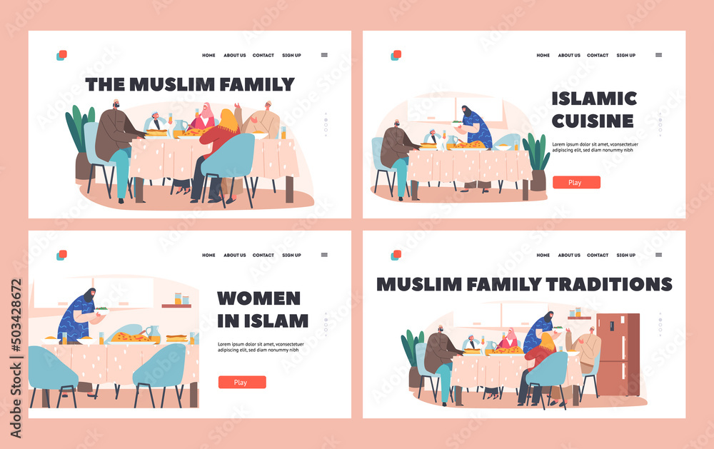 Muslim Family Traditions Landing Page Template Set. Traditional Festive Dinner, Arab Characters Eat Iftar Sit Together
