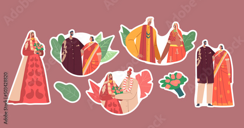 Set of Stickers Traditional Indian Couples Celebrate Wedding Ceremony. Happy Groom and Bride Wear Festive Clothes