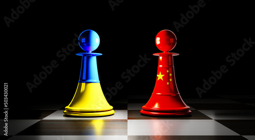 Photography Ukraine and China relations, chess pawns with national flags - 3D illustration