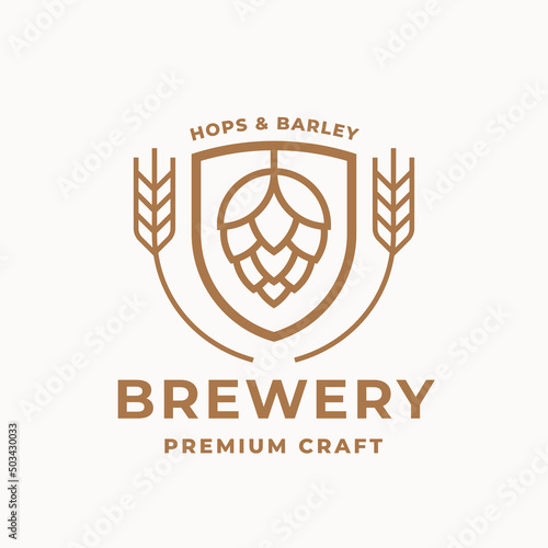 Craft beer logo design. Micro brewery icon. Beer label badge. Premium hops and barley brewing company symbol. Vector illustration.
