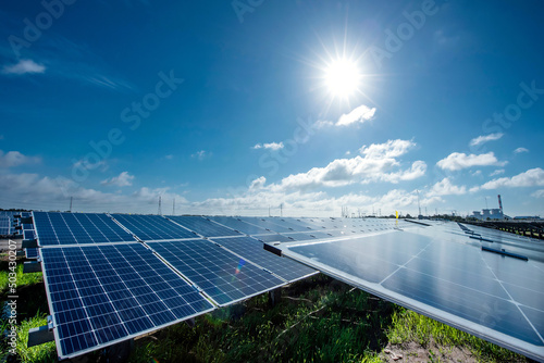 Solar field with solar panels under the sun, photovoltaic, alternative electricity source - green energy concept of sustainable resources to reduce global warming and climate change