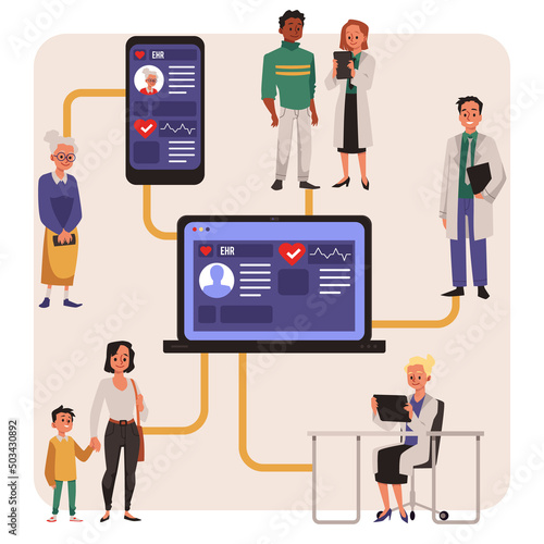 Electronic health records infographic with patients and doctors checking online app, flat vector illustration.