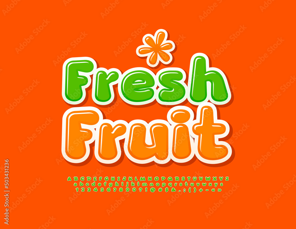 Naklejka premium Vector bright Emblem Fresh Fruit. Cute Gteen Font. Artistic Alphabet Letters and Numbers
