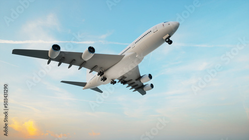 Conceptual flying white passenger jetliner or commercial plane after take off rising over a beautiful sky background. 3D illustration for jet transportation  travel industry or modern freedom concept