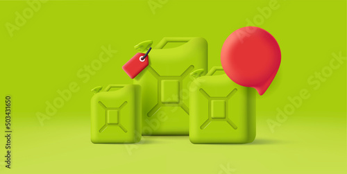 3d illustration of oil or benzine canisters with red price tag, mono chrome green render composition. Vector illustration