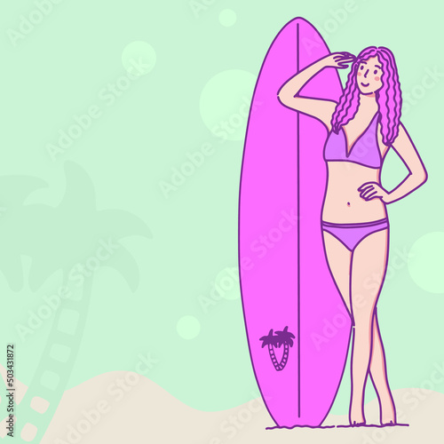 Girl with surf board on beach. Illustration of woman in summer concept.