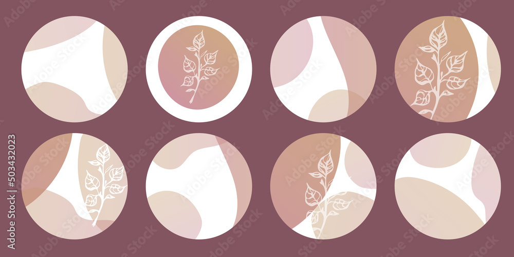 Social media icons. Highlight covers. Plant and abstract graphic.