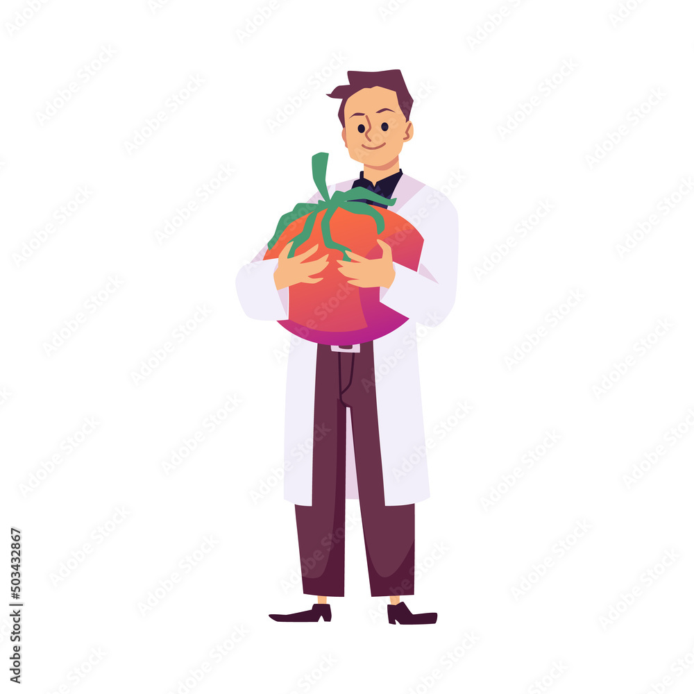 Agronomist in lab coat holding huge tomato, flat vector illustration isolated.