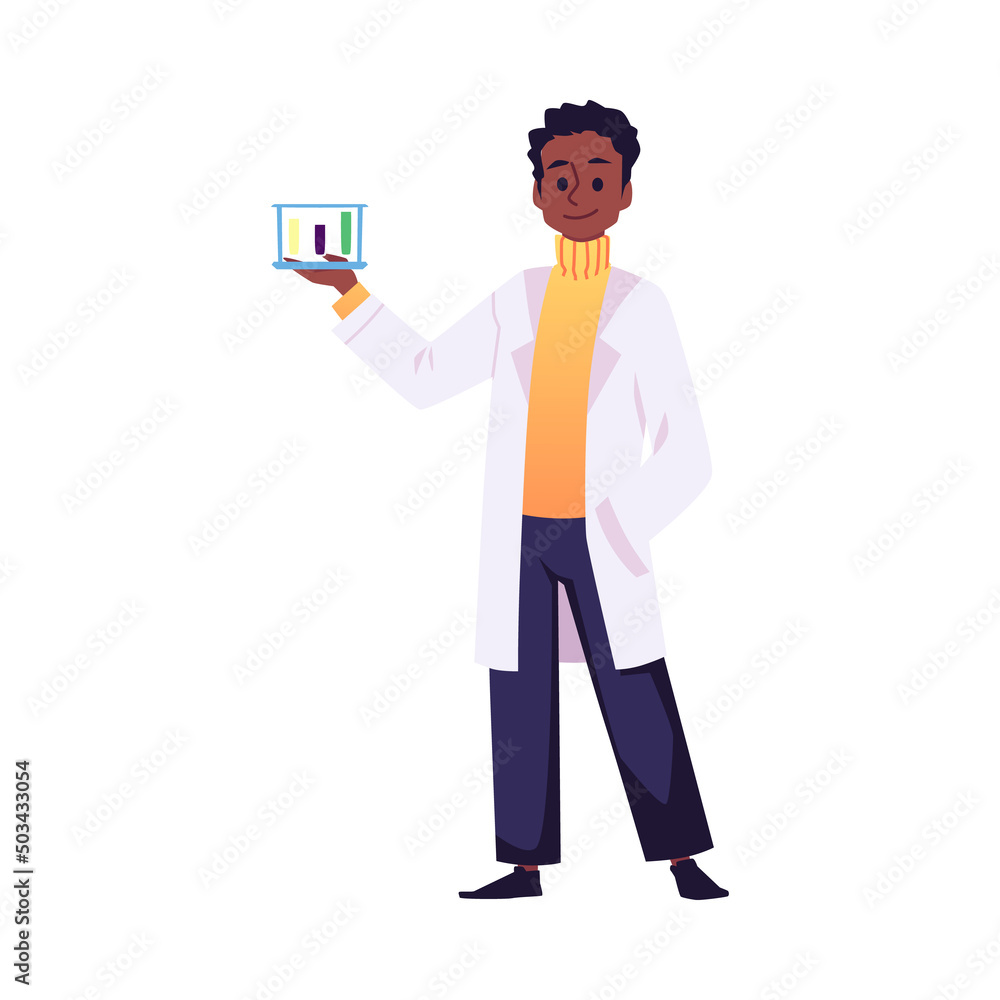 Male scientist holds test tubes, medical worker or agronomist, flat vector illustration isolated on white background. Male scientist holds test tubes, medical worker or agronomist, flat vector illustration isolated on white background.