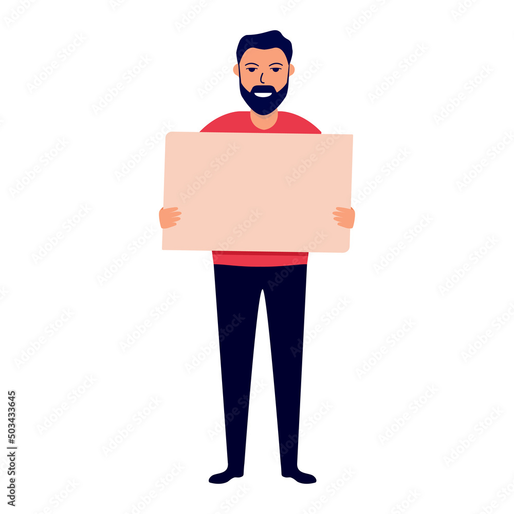 Male activist character.Hand holding empty banner.Concept of big sale, discount.Man holding clean placard.Isolated on white background. Vector flat illustration. Male activist character.Hand holding empty banner.Concept of big sale, discount.Man holding clean placard.Isolated on white background. Vector flat illustration.