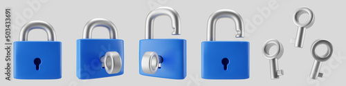 3d blue locked and unlocked padlock icon set with key isolated on gray background. Render minimal padlock with a keyhole. Confidentiality and security concept. 3d cartoon simple vector illustration