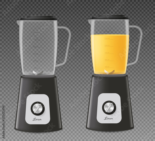 Blender, set of 3d realistic vector illustrations on a transparent background. Kitchen electric appliance for mixing and juicing fruits.