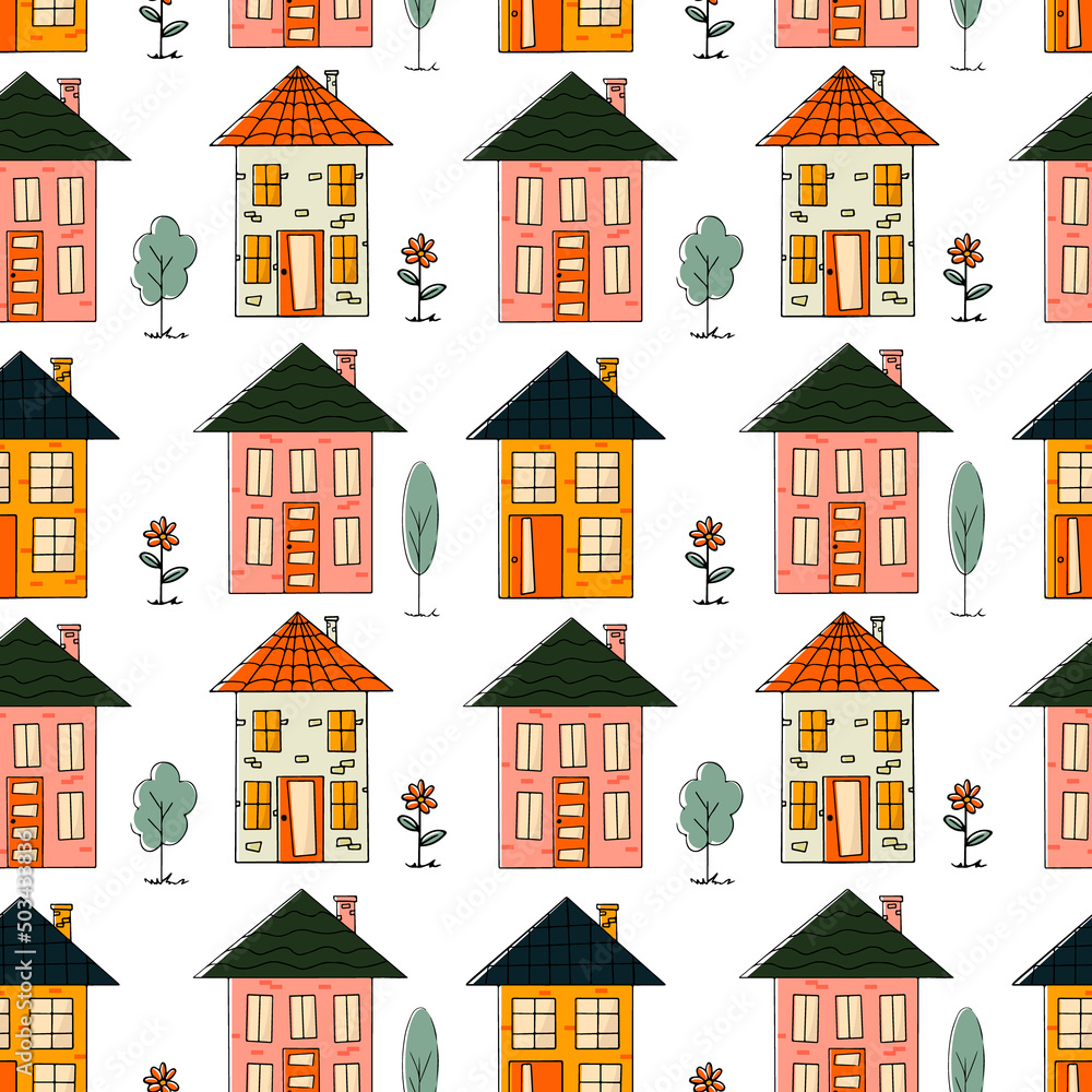 Cute doodle style houses. Seamless pattern. Can be used for wallpaper, fill web page background, surface textures