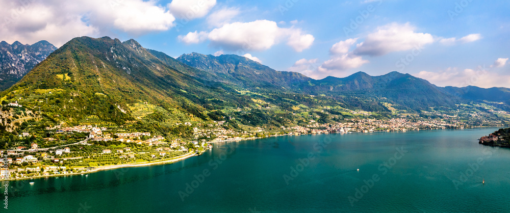 Aerial panorama of Lake Iseo in Lombardy, Italy