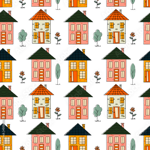 Cute doodle style houses. Seamless pattern. Can be used for wallpaper, fill web page background, surface textures