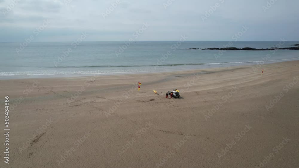 Lifeguard on Devon beach drone aerial view Lifeguard on Devon beach drone aerial view
