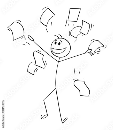 Happy Person or Businessman Smiling and Throwing Papers in Air , Vector Cartoon Stick Figure Illustration