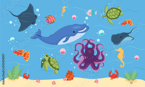 Fototapeta Naklejka Na Ścianę i Meble -  Ocean animals summer set. Octopus. Fish. Jellyfish. Turtle. Whale. Cramp-fish.