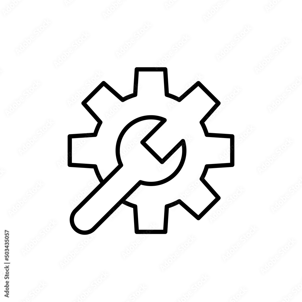 Simple wrench and gear or repair outline black icon. Service station. Trendy flat style isolated symbol, used for: illustration, minimal, logo, mobile, app, emblem, design, web, ui, ux. Vector EPS 10