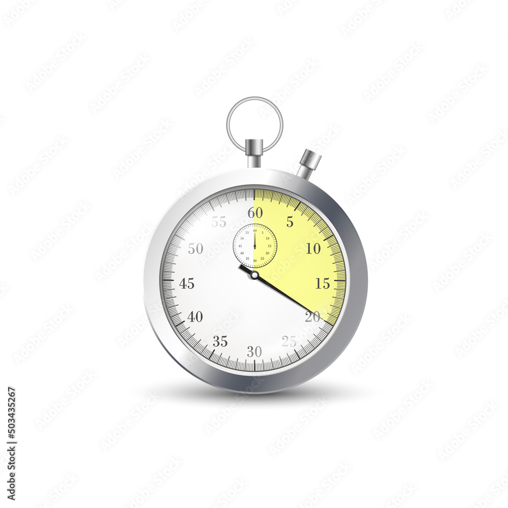Realistic metal stopwatch with yellow scale, reflections and shadow Realistic metal stopwatch with yellow scale, reflections and shadow