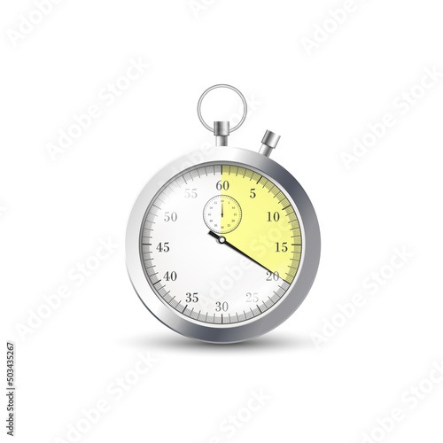 Realistic metal stopwatch with yellow scale, reflections and shadow