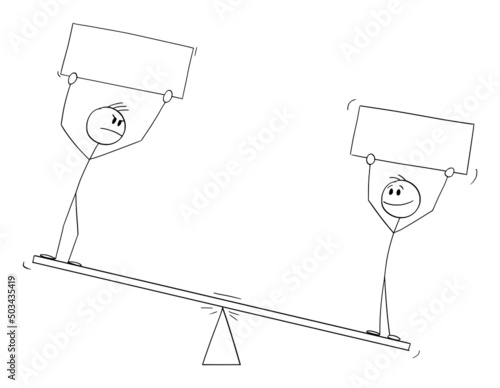 Two Persons on Balance Scales Holding Empty Signs , Vector Cartoon Stick Figure Illustration