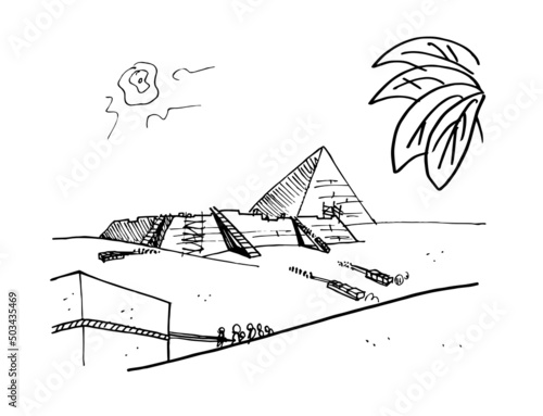 Slaves moving blocks of stone through the desert during the building, construction of the Egyptian Pyramids. Sketch hand drawn style vector illustration.