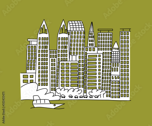 Modern city skyline with skyscrapers and a river, sea in the front. Cartoon style vector illustration.