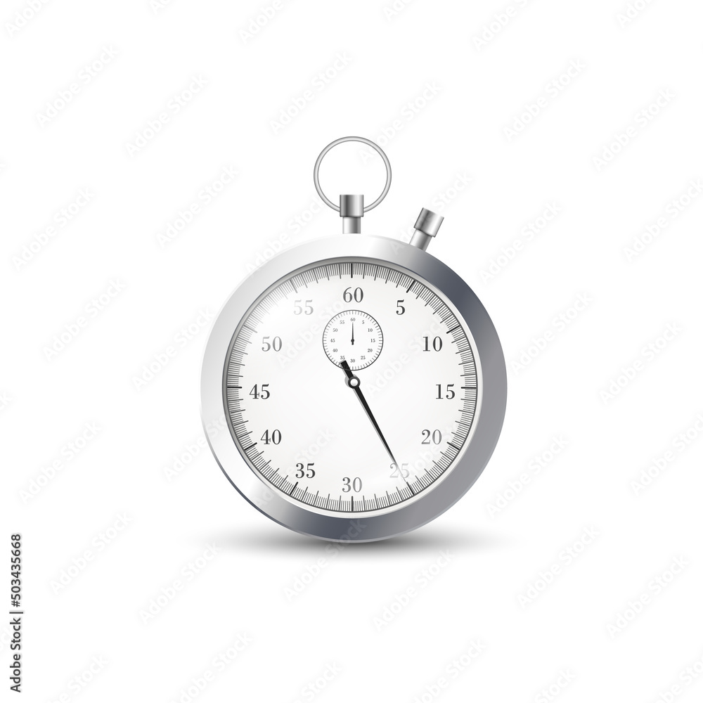 Metal stopwatch, vector flat illustration isolated. On clock 25 minutes, seconds from start to finish. Metal stopwatch, vector flat illustration isolated. On clock 25 minutes, seconds from start to finish.