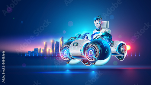 A sci-fi futuristic flying car hovered over road against backdrop of a futuristic city. A woman cyborg driver drives a fast single-seat vehicle. Vector illustration of concept of a science fiction car