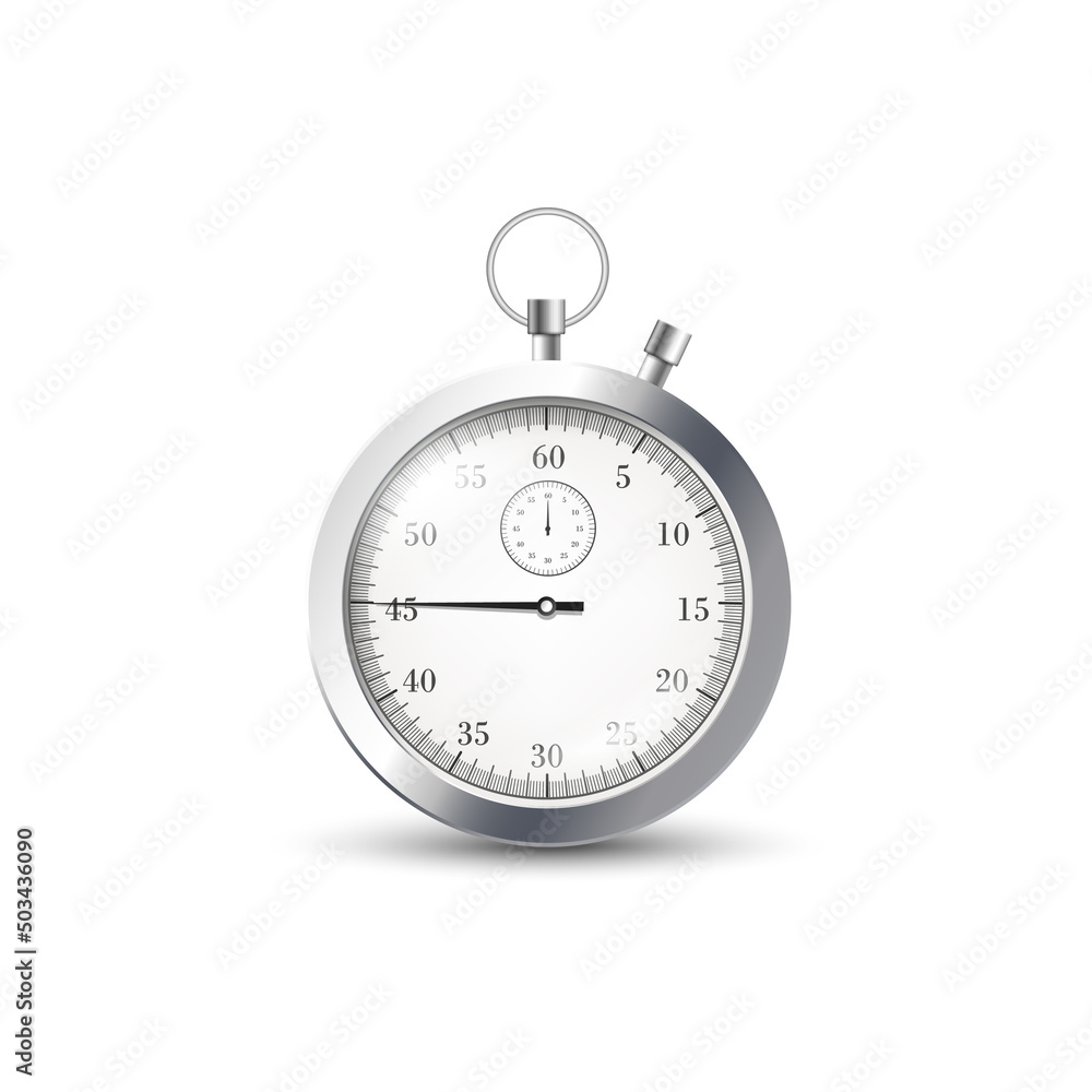 Metal stopwatch, vector flat illustration isolated. On clock 45 minutes, seconds from start to finish. Metal stopwatch, vector flat illustration isolated. On clock 45 minutes, seconds from start to finish.