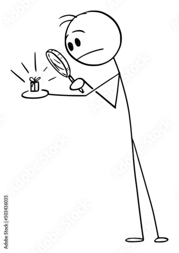 Frustrated Gifted Person Looking at Small Gift , Vector Cartoon Stick Figure Illustration