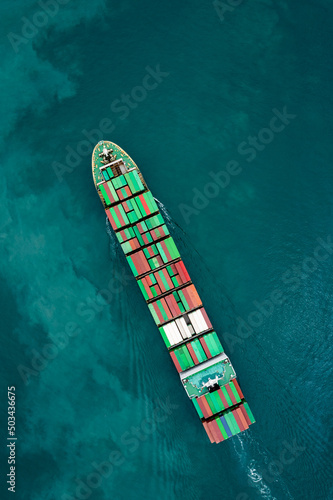 container ship carrying container box global business delivery service cargo by freight shipping commercial trade logistic and transportation over sea worldwide aerial top view © SHUTTER DIN