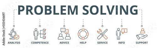 Problem solving banner web icon vector illustration concept with icon of analysis, competence, advice, help, service, info, and support