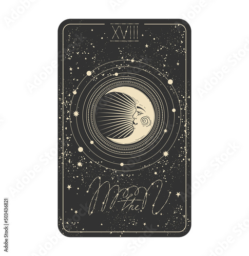 Sun card icon moon, crescent with face on black space background with stars. Major arcana for divination witch, aesthetic hand drawn illustration in vintage design. Vector isolated on white background photo