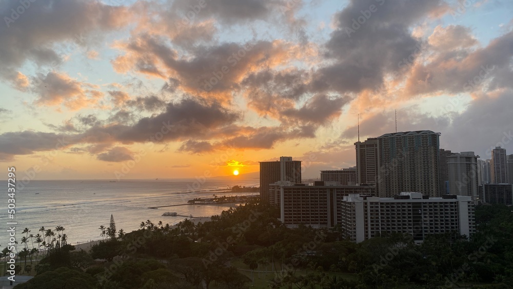 Sunset over the Waikiki beach, Oahu Island, Hawaii year 2022 May