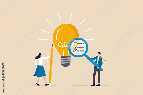 Business viability checking, validate idea by market research to see possibility to success in real world, evaluate profitable of business idea, businessman with magnifier analyze lightbulb idea. photo