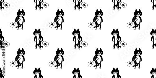cat seamless pattern kitten calico guitar ukulele bass vector neko breed character cartoon pet gift wrapping paper tile background repeat wallpaper doodle animal illustration