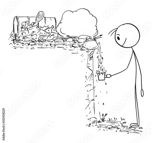 Person Drinking Polluted or Contaminated Water in Nature From Spring or Fountain, Vector Cartoon Stick Figure Illustration