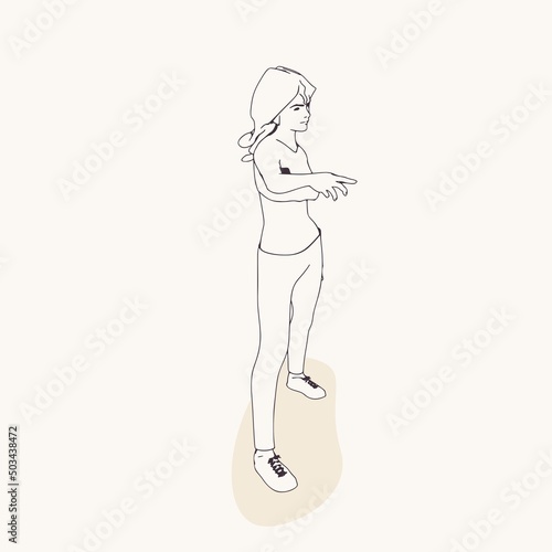 Standing woman. Sport girl illustration. Casual sportwear - t-shirt, breeches and sneakers. Young woman wearing workout clothes. Sport fashion girl outline in urban casual style.